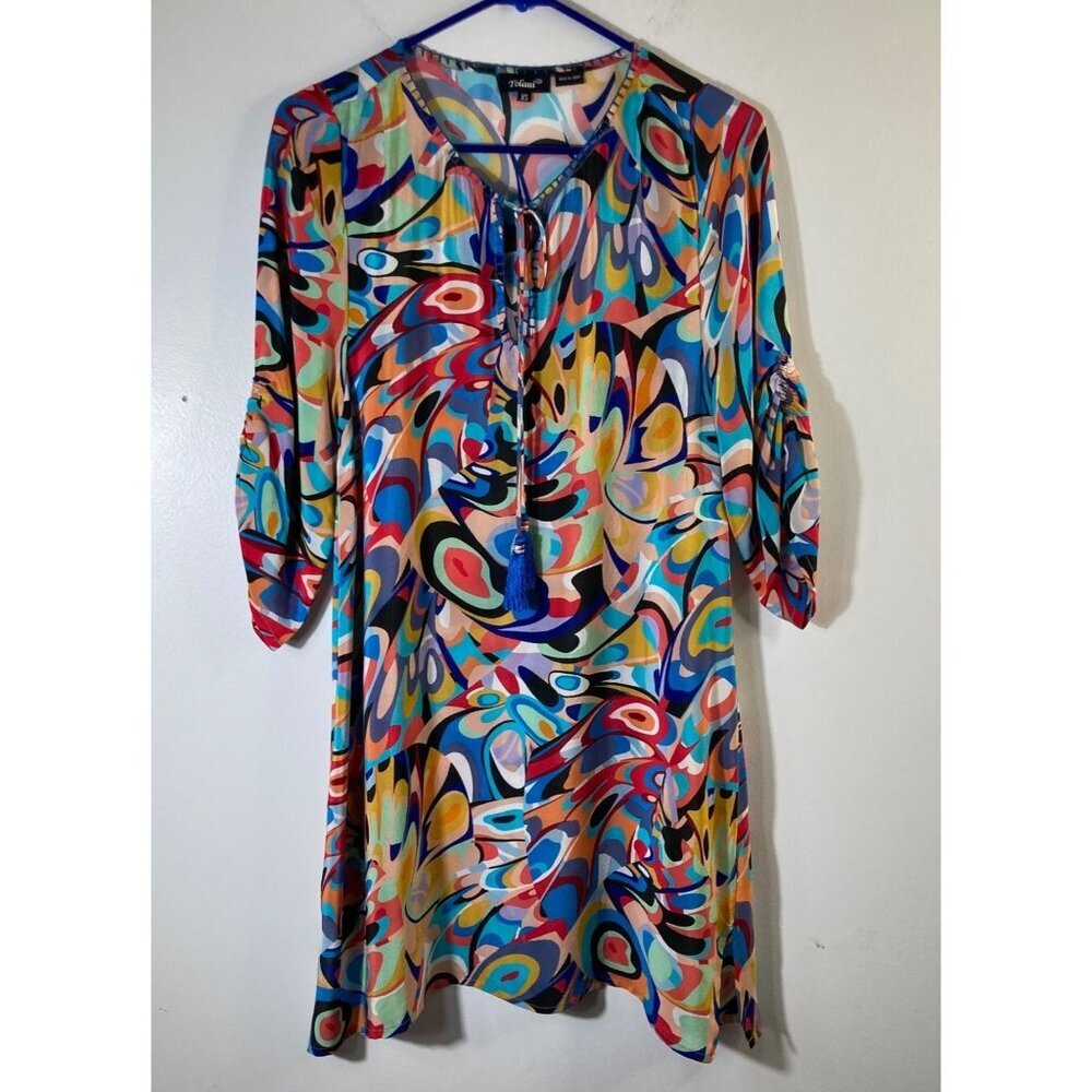 Womens Tolani‎ Silk Dress Birds Eyes Feathers Boho Multicolored XS #51